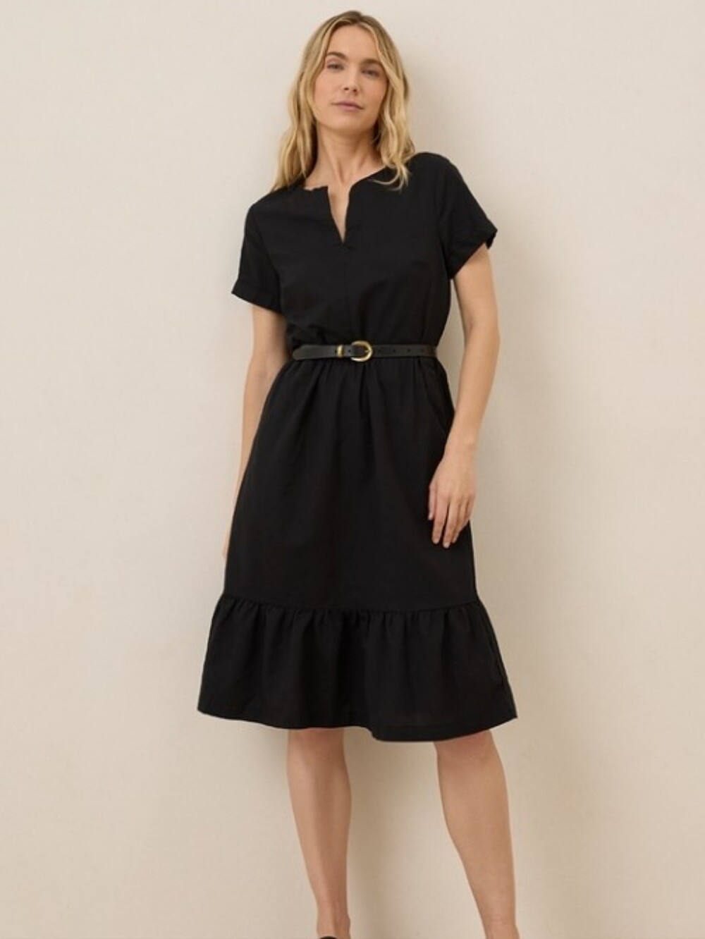 Pact Organic Cotton Linen Blend Classic Black Short-Sleeve Ruffle-Hem Dress
